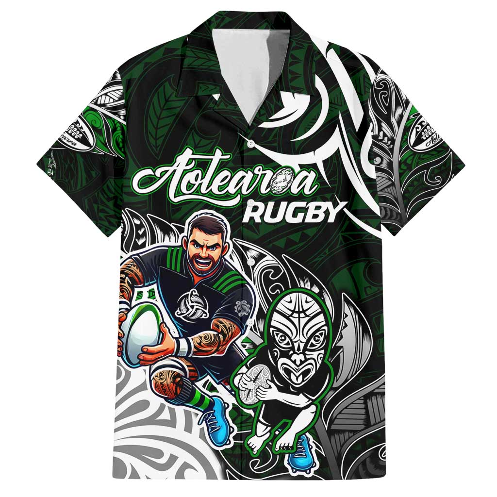 Personalized NZ Aotearoa Rugby Family Matching Puletasi and Hawaiian Shirt New Zealand Silver Fern DT02 Dad's Shirt - Short Sleeve Green - Polynesian Pride