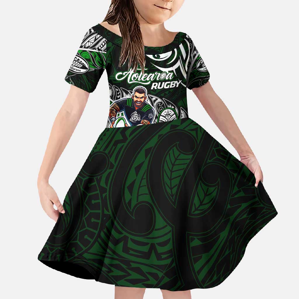Personalized NZ Aotearoa Rugby Family Matching Tank Maxi Dress and Hawaiian Shirt New Zealand Silver Fern DT02 Daughter's Dress Green - Polynesian Pride