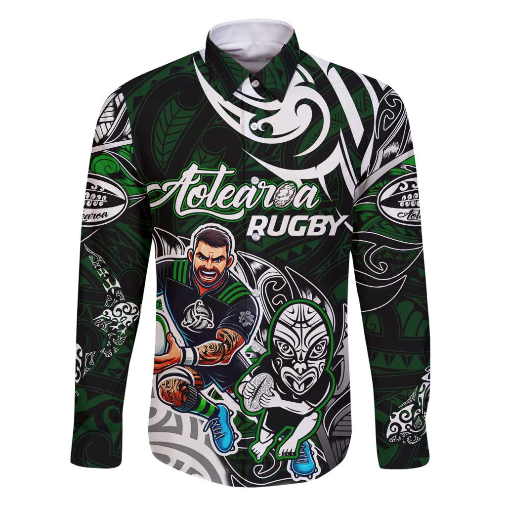 Personalized NZ Aotearoa Rugby Family Matching Tank Maxi Dress and Hawaiian Shirt New Zealand Silver Fern DT02 Dad's Shirt - Long Sleeve Green - Polynesian Pride