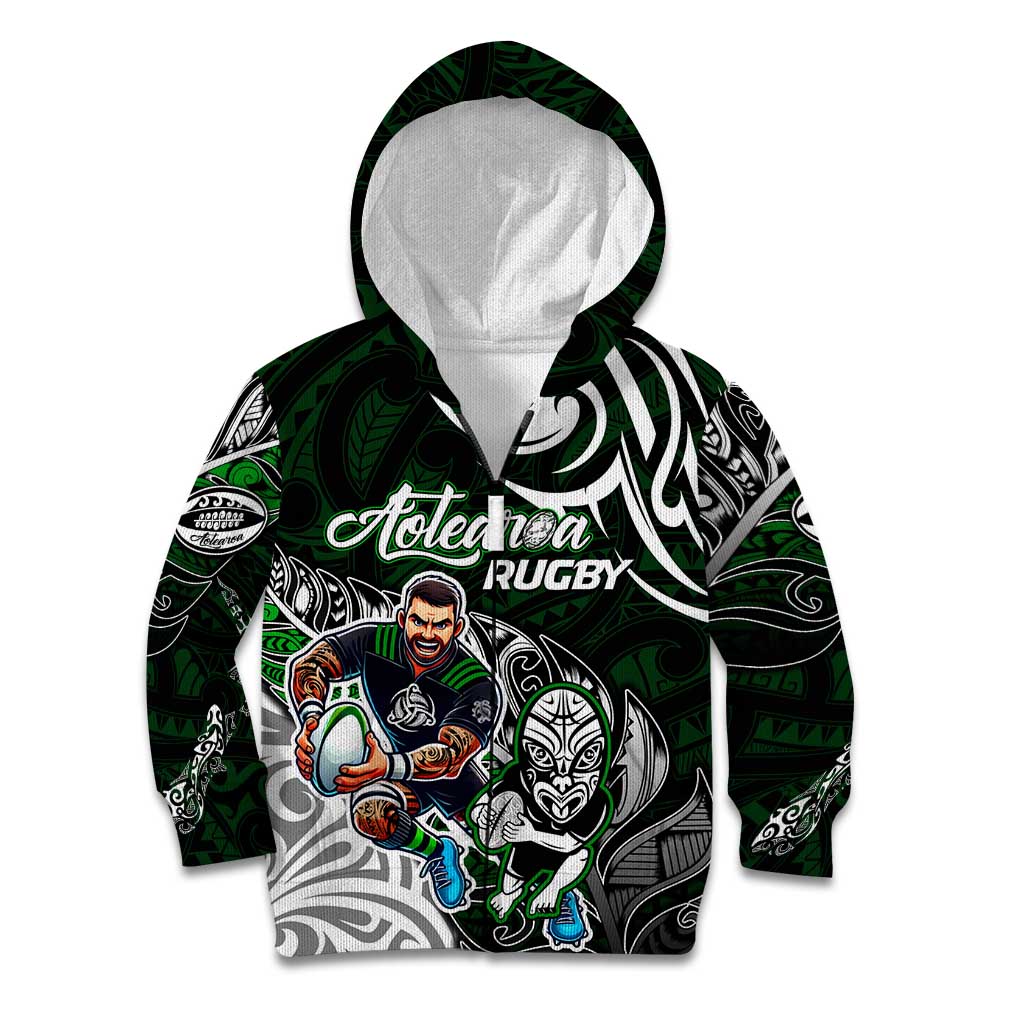Personalized NZ Aotearoa Rugby Kid Hoodie New Zealand Silver Fern DT02 Zip Hoodie Green - Polynesian Pride