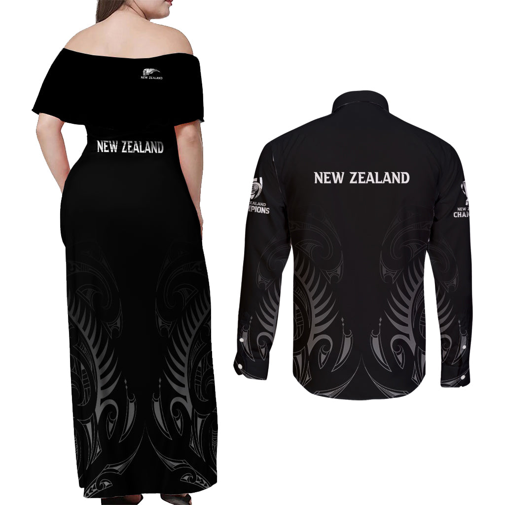 New Zealand Couples Matching Off Shoulder Maxi Dress and Long Sleeve Button Shirt Rugby 2023 Champions Black DT02 - Polynesian Pride