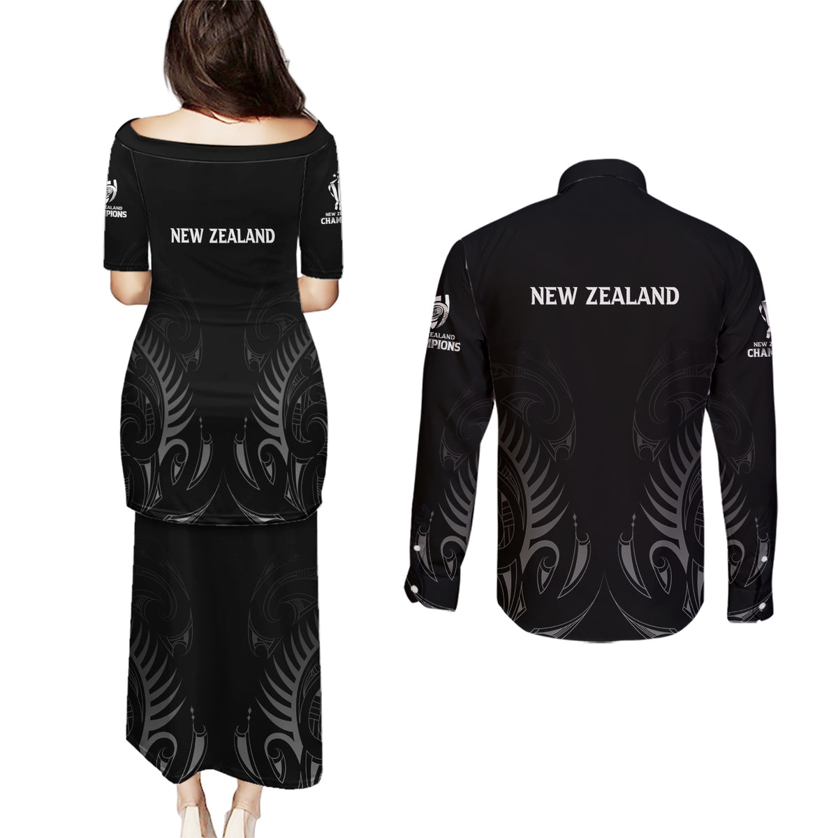 New Zealand Couples Matching Puletasi Dress and Long Sleeve Button Shirt Rugby 2023 Champions Black DT02 - Polynesian Pride