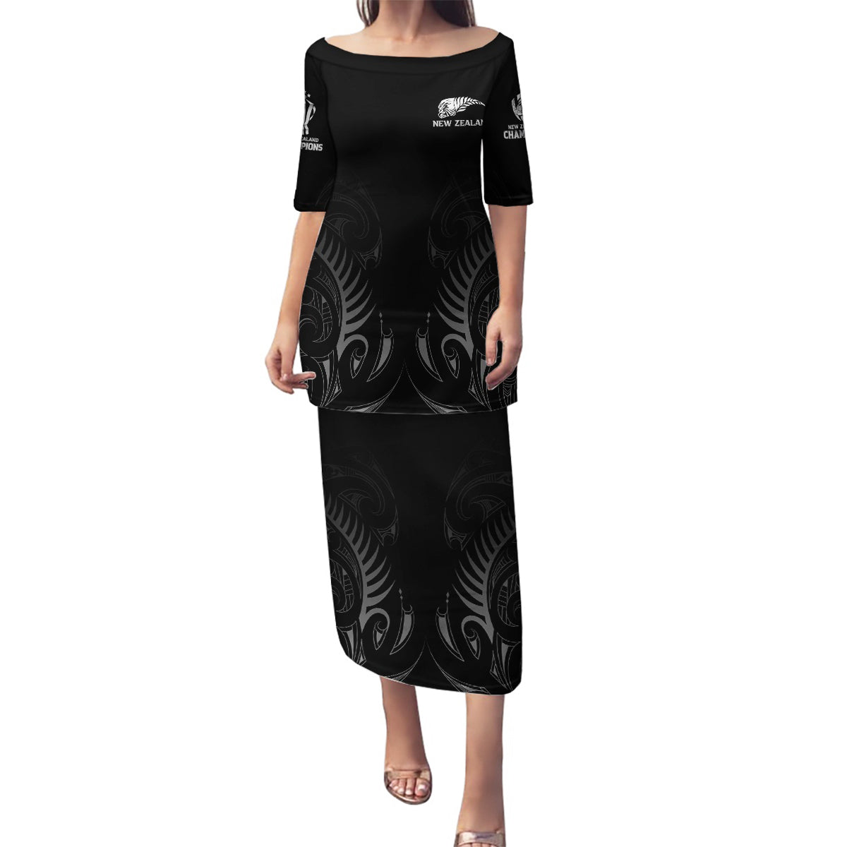 New Zealand Family Matching Puletasi Dress and Hawaiian Shirt Rugby 2023 Champions Black DT02 Mom's Dress Black - Polynesian Pride