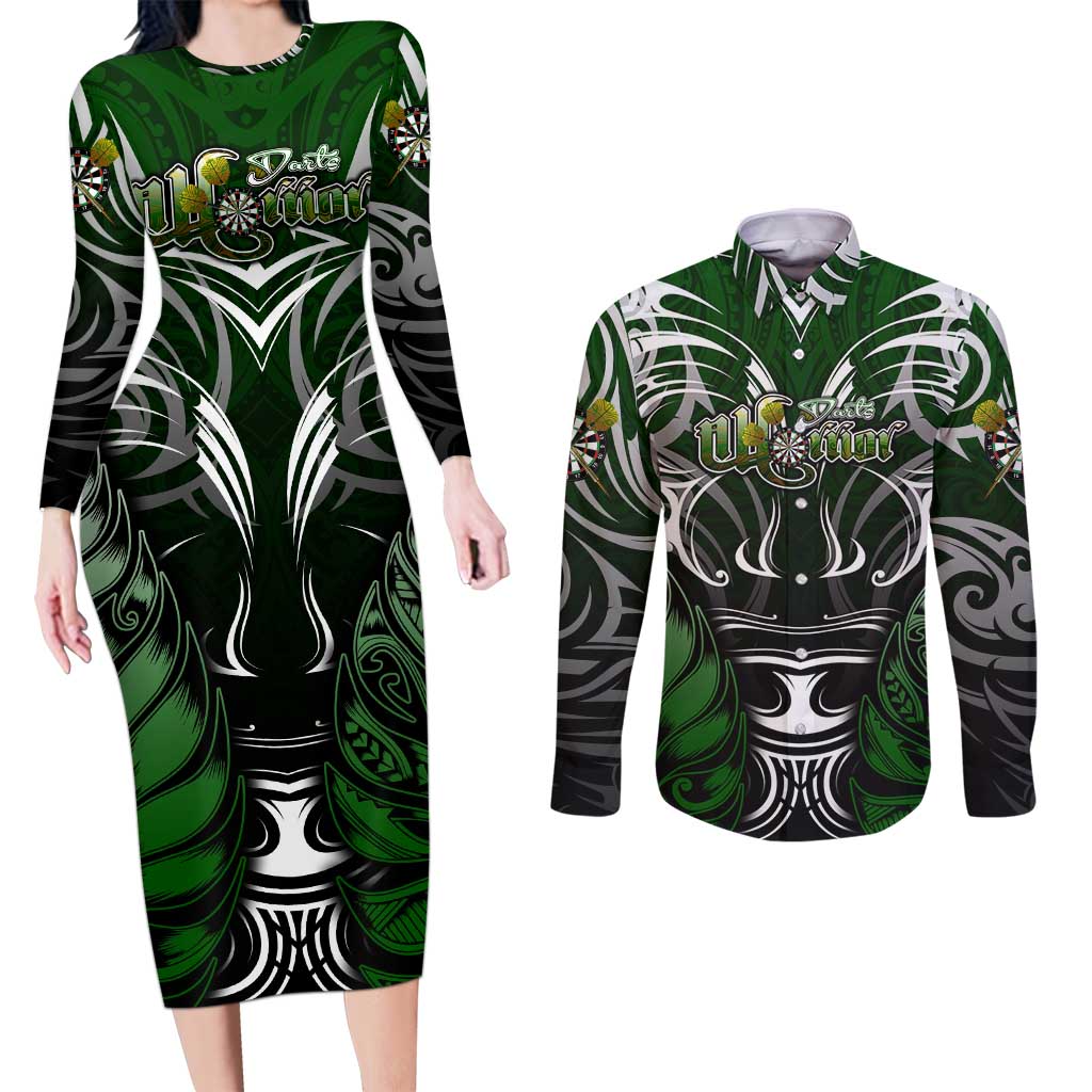 Personalised Warriors Maori Darts Couples Matching Long Sleeve Bodycon Dress and Long Sleeve Button Shirt New Zealand Darts Silver Fern DT02 Green - Polynesian Pride