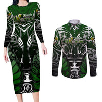 Personalised Warriors Maori Darts Couples Matching Long Sleeve Bodycon Dress and Long Sleeve Button Shirt New Zealand Darts Silver Fern DT02 Green - Polynesian Pride