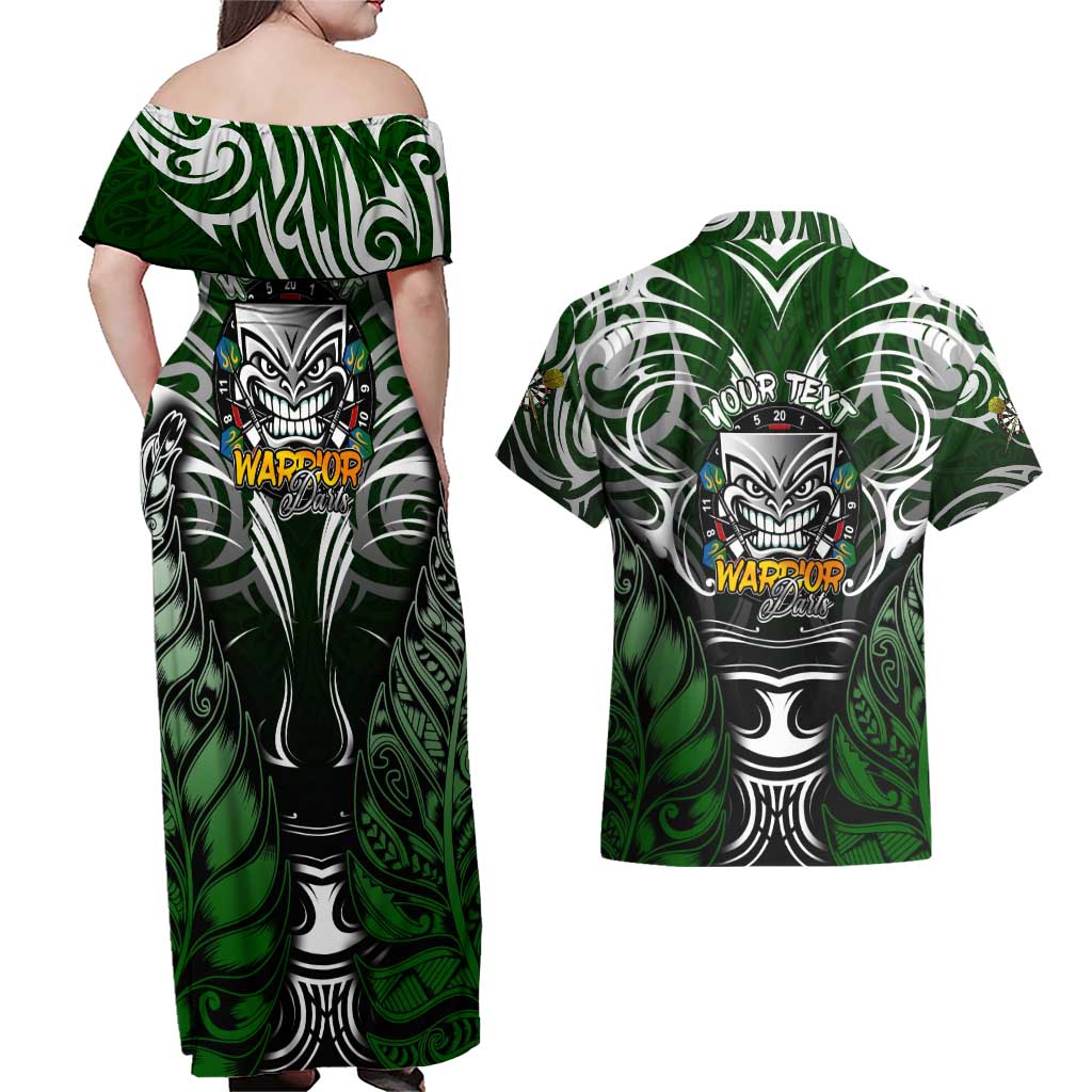 Personalised Warriors Maori Darts Couples Matching Off Shoulder Maxi Dress and Hawaiian Shirt New Zealand Darts Silver Fern DT02 - Polynesian Pride