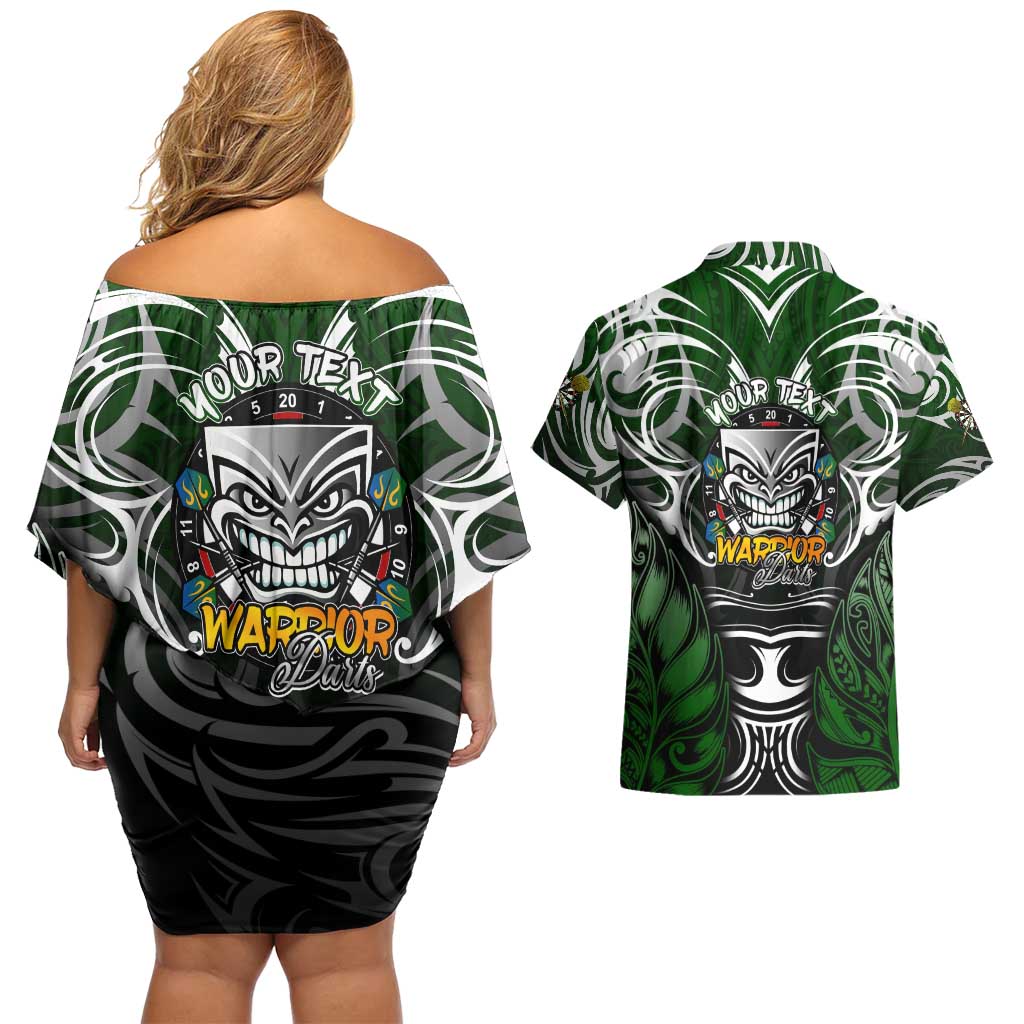 Personalised Warriors Maori Darts Couples Matching Off Shoulder Short Dress and Hawaiian Shirt New Zealand Darts Silver Fern DT02 - Polynesian Pride