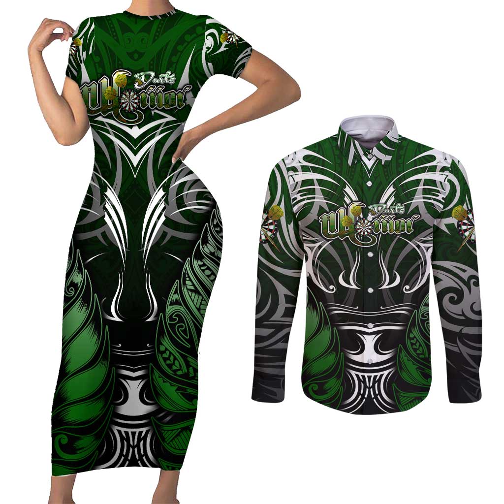 Personalised Warriors Maori Darts Couples Matching Short Sleeve Bodycon Dress and Long Sleeve Button Shirt New Zealand Darts Silver Fern DT02 Green - Polynesian Pride