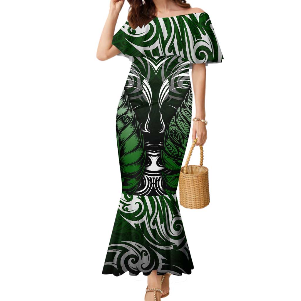 Personalised Warriors Maori Darts Family Matching Mermaid Dress and Hawaiian Shirt New Zealand Darts Silver Fern DT02 Mom's Dress Green - Polynesian Pride