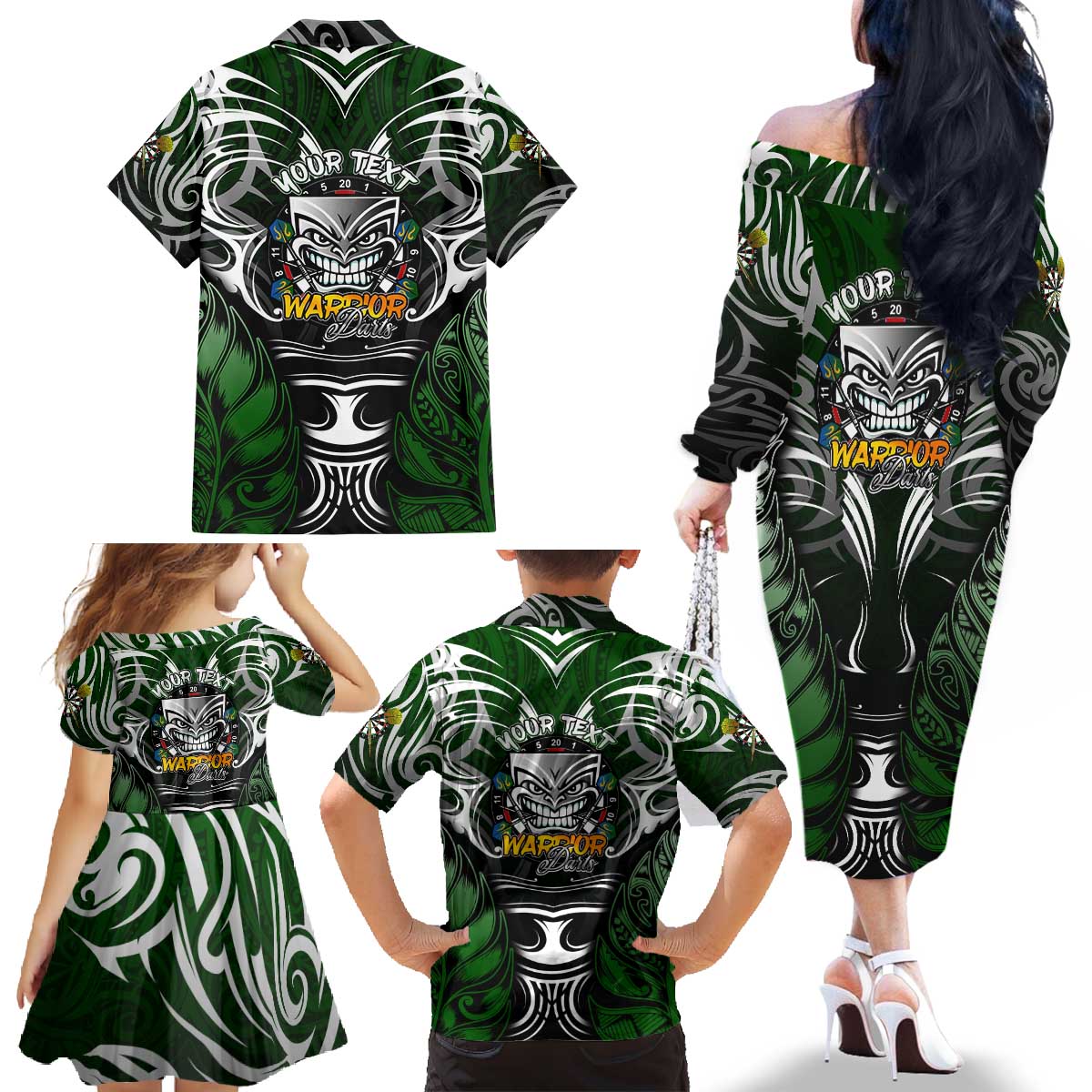 Personalised Warriors Maori Darts Family Matching Off The Shoulder Long Sleeve Dress and Hawaiian Shirt New Zealand Darts Silver Fern DT02 - Polynesian Pride