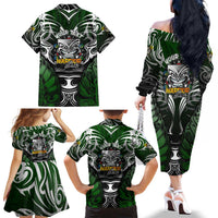 Personalised Warriors Maori Darts Family Matching Off The Shoulder Long Sleeve Dress and Hawaiian Shirt New Zealand Darts Silver Fern DT02 - Polynesian Pride