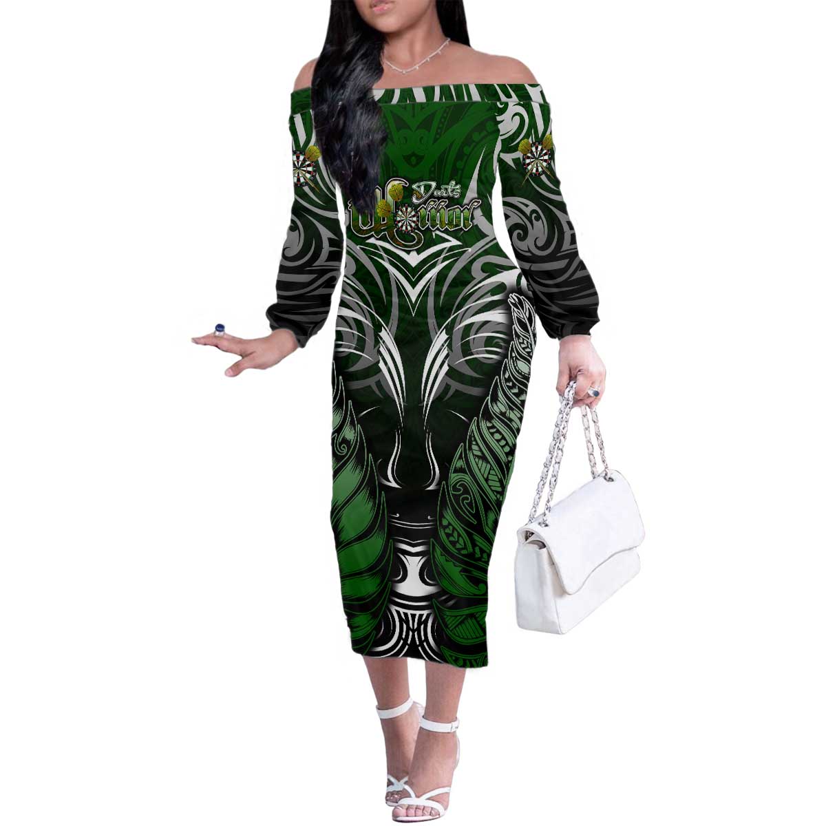 Personalised Warriors Maori Darts Family Matching Off The Shoulder Long Sleeve Dress and Hawaiian Shirt New Zealand Darts Silver Fern DT02 Mom's Dress Green - Polynesian Pride