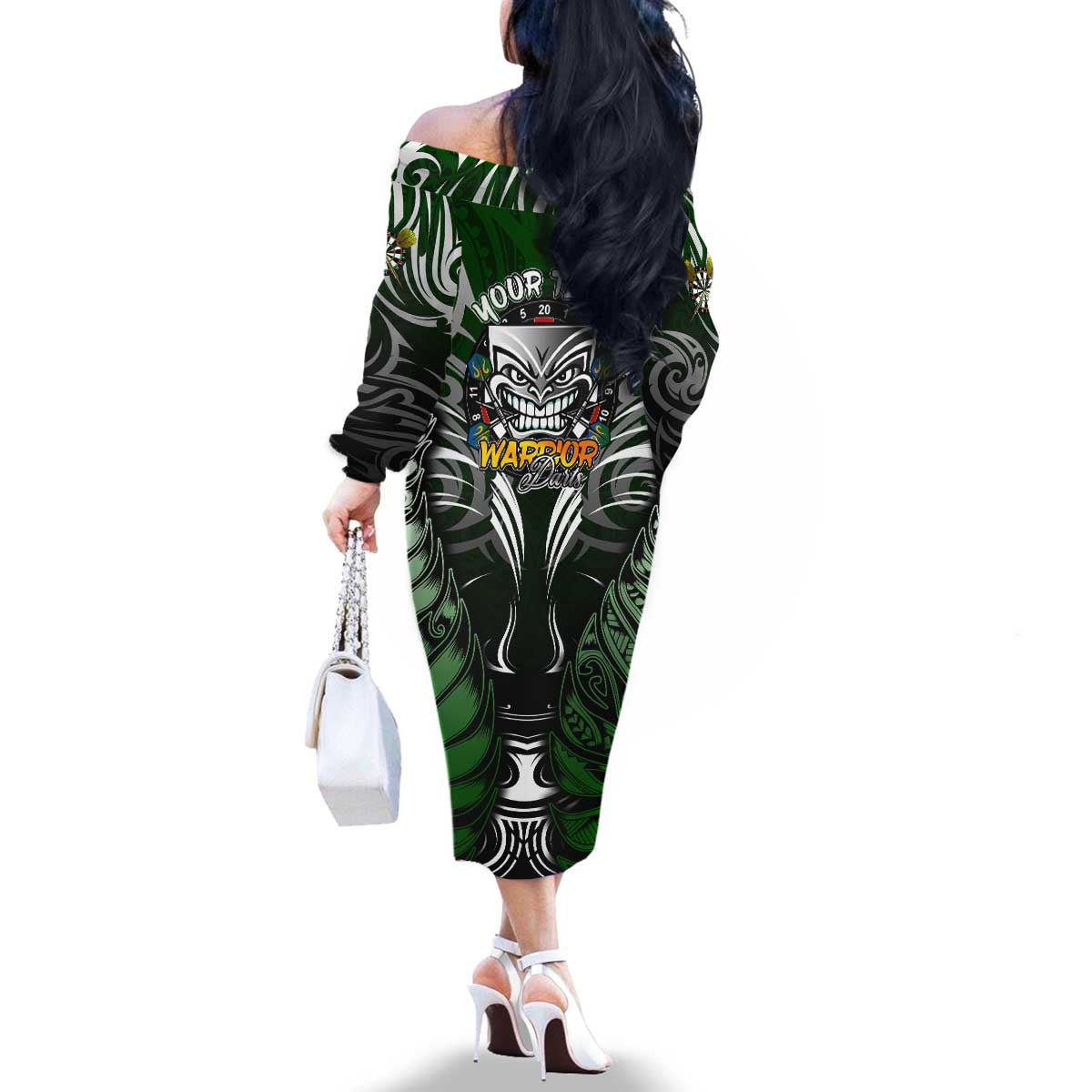 Personalised Warriors Maori Darts Family Matching Off The Shoulder Long Sleeve Dress and Hawaiian Shirt New Zealand Darts Silver Fern DT02 - Polynesian Pride