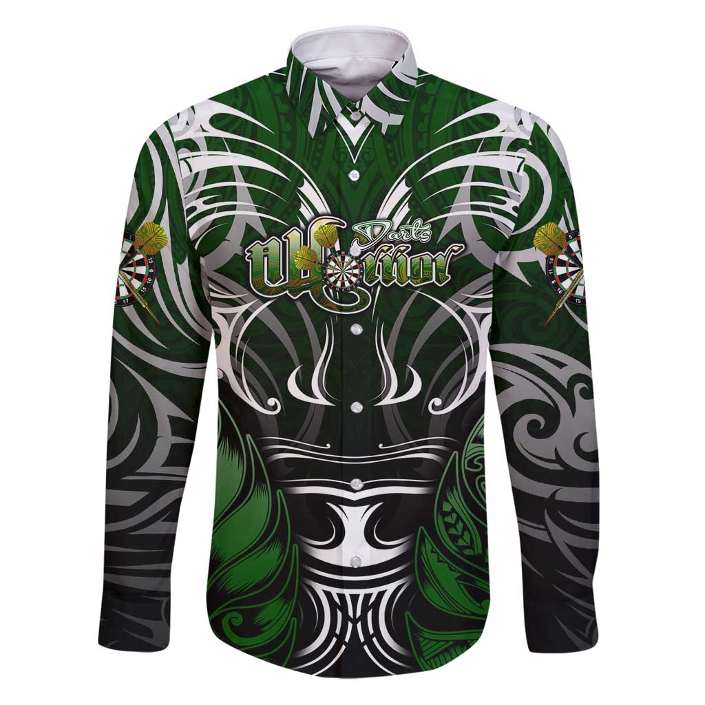 Personalised Warriors Maori Darts Family Matching Puletasi and Hawaiian Shirt New Zealand Darts Silver Fern DT02 Dad's Shirt - Long Sleeve Green - Polynesian Pride