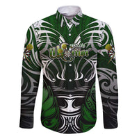 Personalised Warriors Maori Darts Family Matching Summer Maxi Dress and Hawaiian Shirt New Zealand Darts Silver Fern DT02 Dad's Shirt - Long Sleeve Green - Polynesian Pride