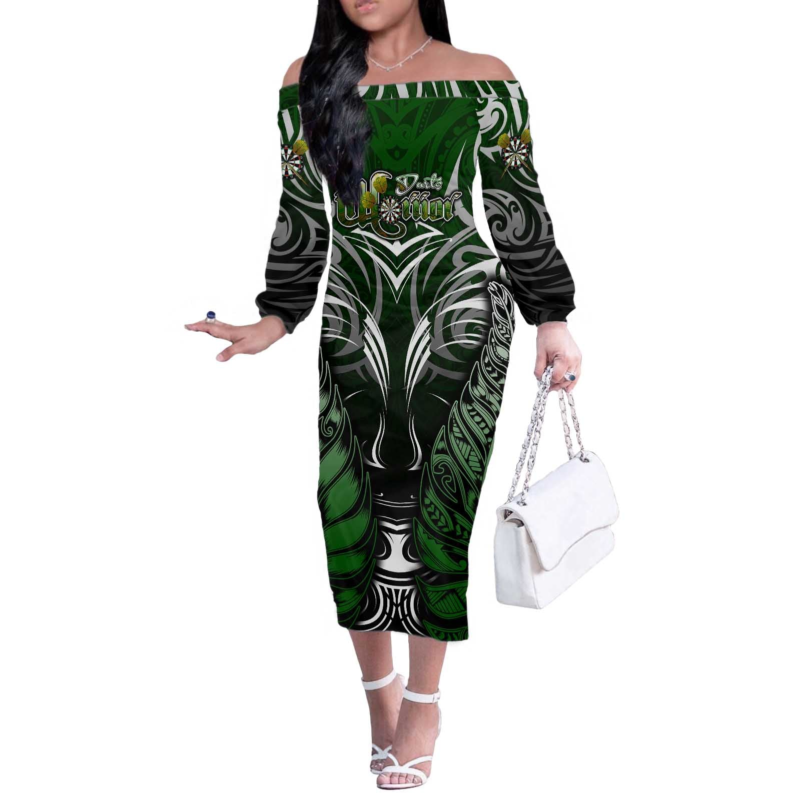 Personalised Warriors Maori Darts Off The Shoulder Long Sleeve Dress New Zealand Darts Silver Fern