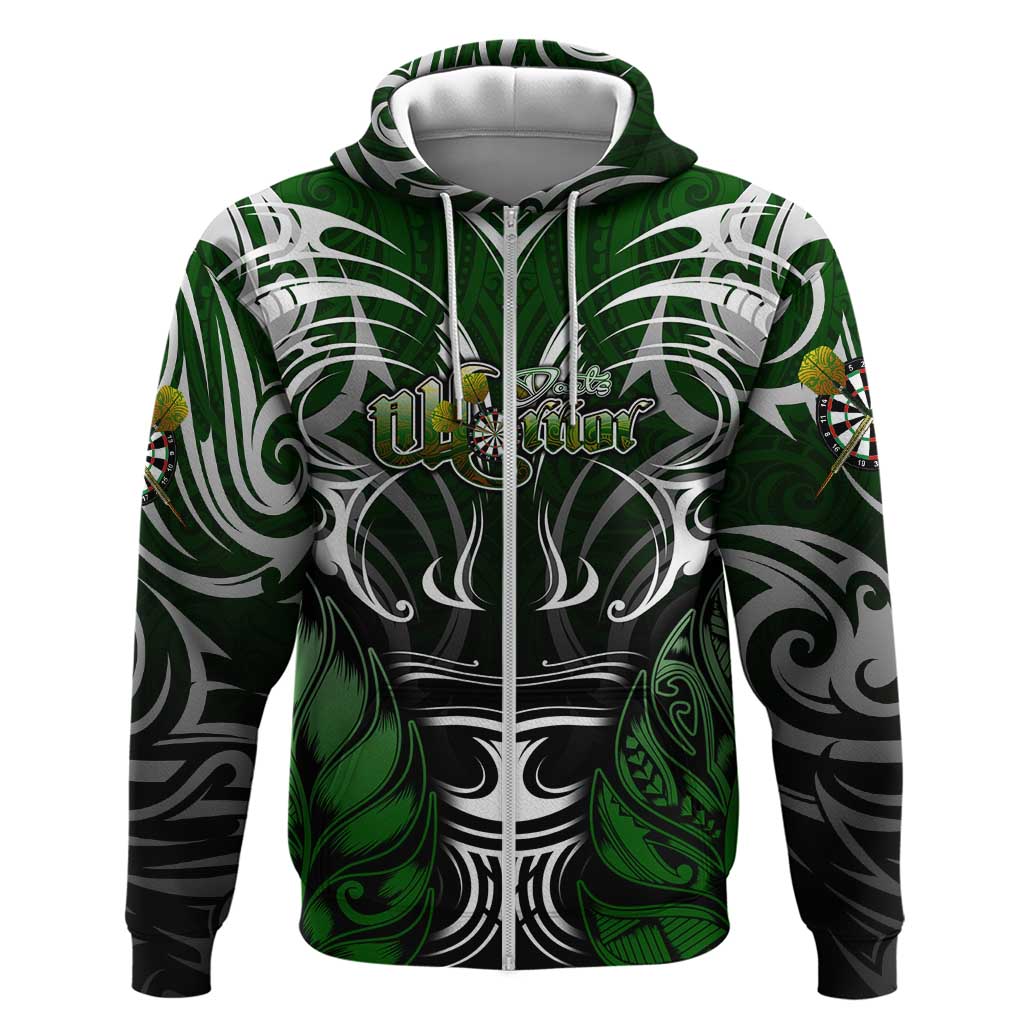 Personalised Warriors Maori Darts Zip Hoodie New Zealand Darts Silver Fern DT02 Zip Hoodie Green - Polynesian Pride