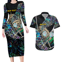 Personalised New Zealand Darts Couples Matching Long Sleeve Bodycon Dress and Hawaiian Shirt NZ Paua Shell Maori Fern DT02 Black - Polynesian Pride
