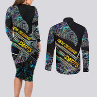 Personalised New Zealand Darts Couples Matching Long Sleeve Bodycon Dress and Long Sleeve Button Shirt NZ Paua Shell Maori Fern DT02 - Polynesian Pride