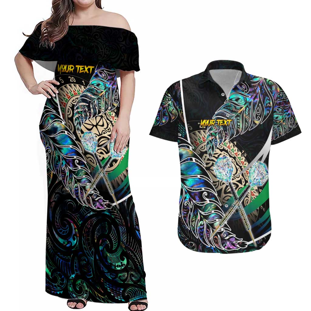 Personalised New Zealand Darts Couples Matching Off Shoulder Maxi Dress and Hawaiian Shirt NZ Paua Shell Maori Fern DT02 Black - Polynesian Pride
