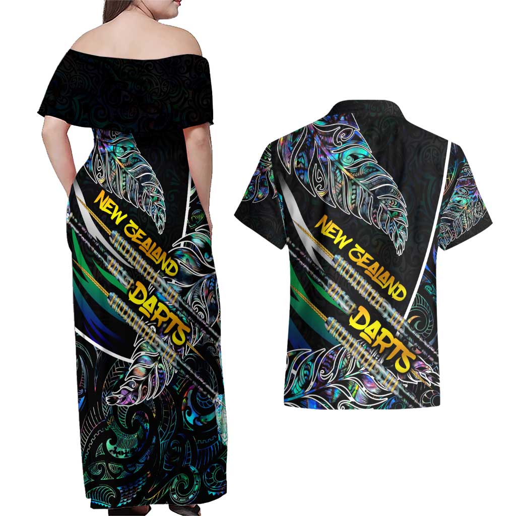 Personalised New Zealand Darts Couples Matching Off Shoulder Maxi Dress and Hawaiian Shirt NZ Paua Shell Maori Fern DT02 - Polynesian Pride