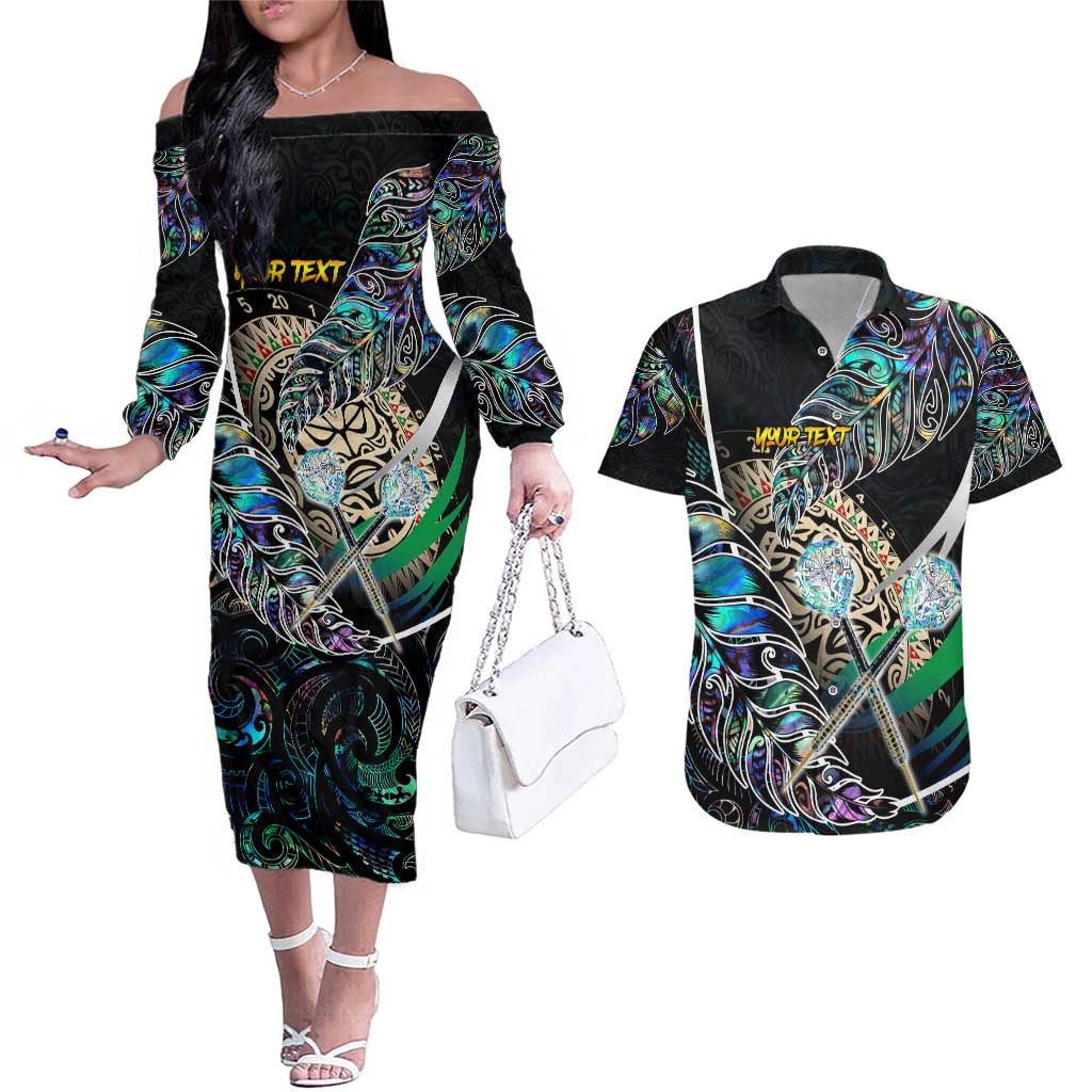 Personalised New Zealand Darts Couples Matching Off The Shoulder Long Sleeve Dress and Hawaiian Shirt NZ Paua Shell Maori Fern DT02 Black - Polynesian Pride