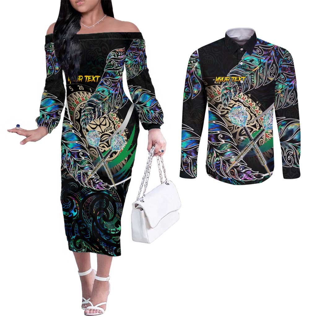 Personalised New Zealand Darts Couples Matching Off The Shoulder Long Sleeve Dress and Long Sleeve Button Shirt NZ Paua Shell Maori Fern DT02 Black - Polynesian Pride