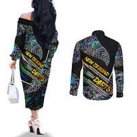 Personalised New Zealand Darts Couples Matching Off The Shoulder Long Sleeve Dress and Long Sleeve Button Shirt NZ Paua Shell Maori Fern DT02 - Polynesian Pride