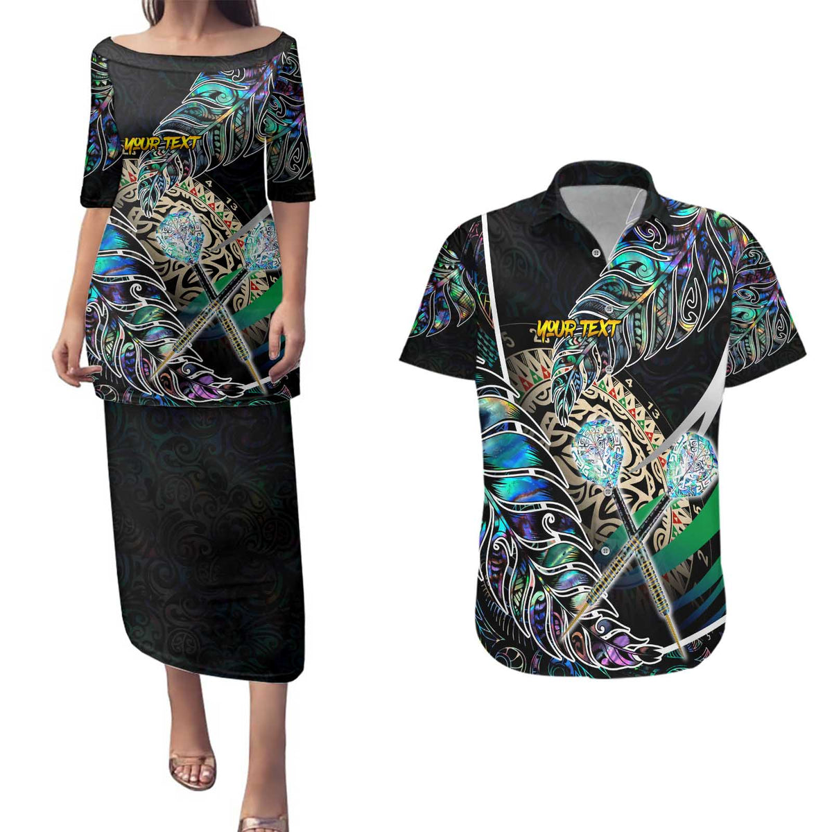 Personalised New Zealand Darts Couples Matching Puletasi and Hawaiian Shirt NZ Paua Shell Maori Fern