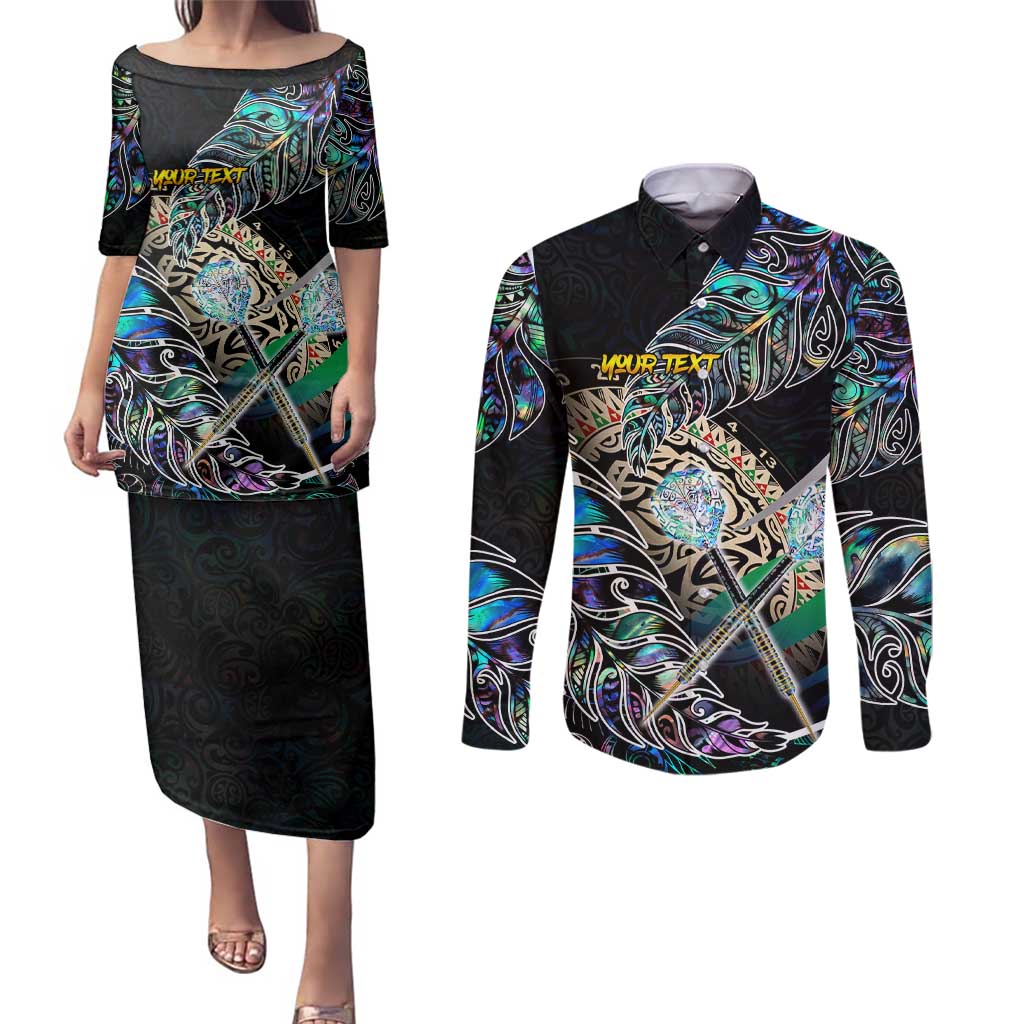 Personalised New Zealand Darts Couples Matching Puletasi and Long Sleeve Button Shirt NZ Paua Shell Maori Fern