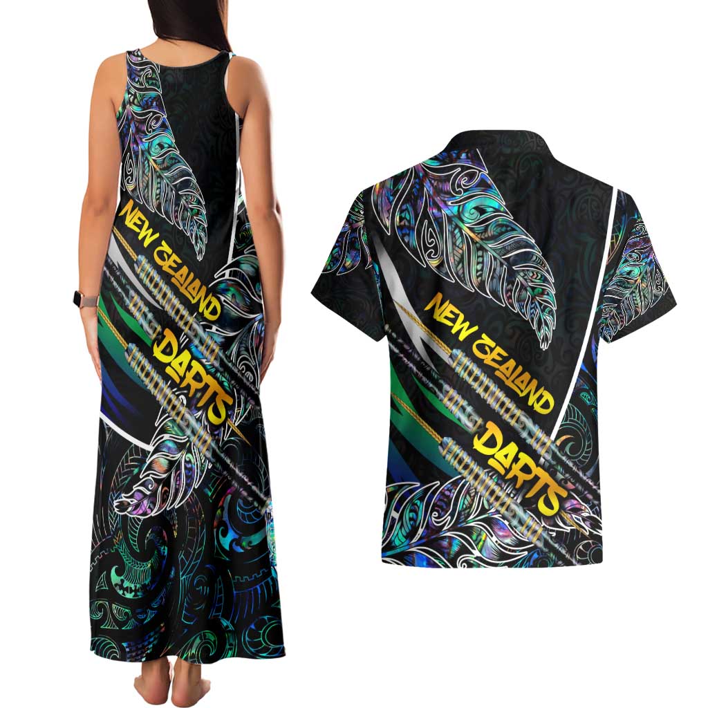 Personalised New Zealand Darts Couples Matching Tank Maxi Dress and Hawaiian Shirt NZ Paua Shell Maori Fern DT02 - Polynesian Pride