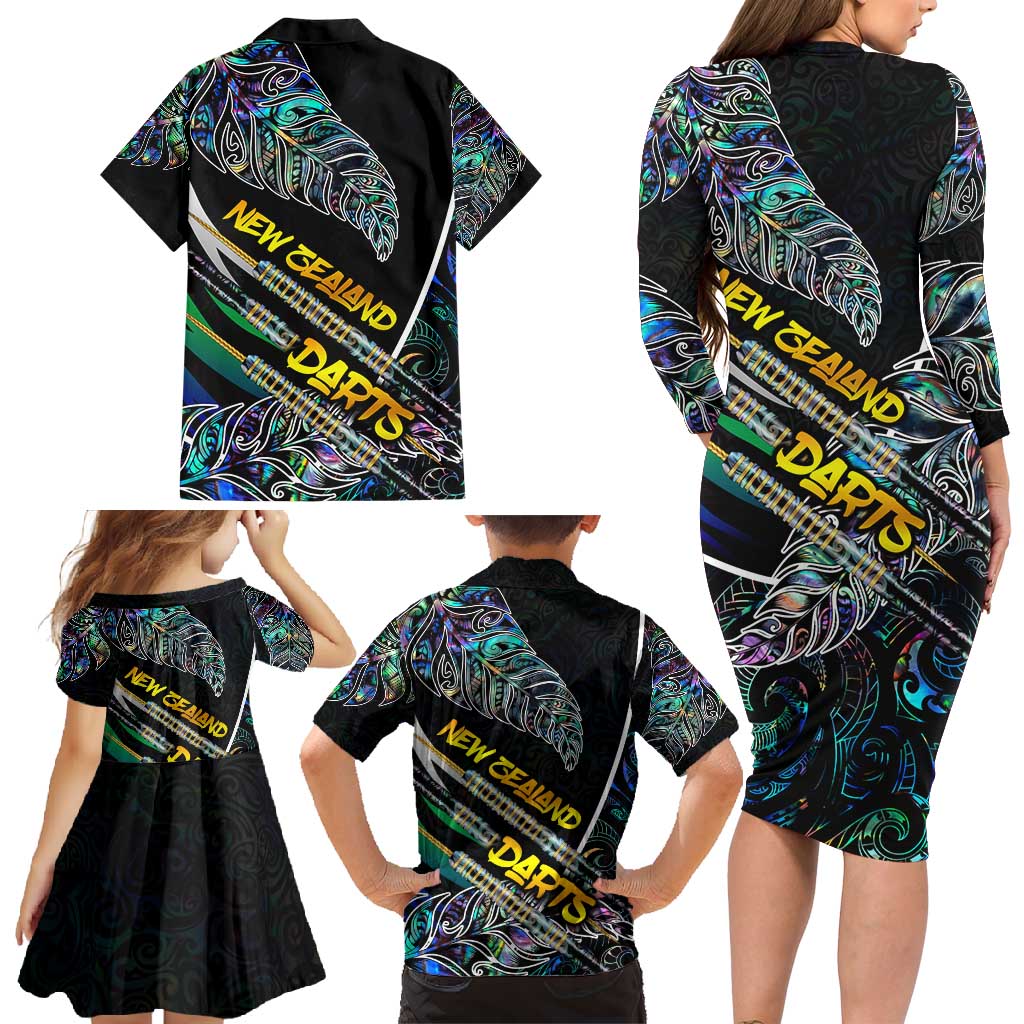 Personalised New Zealand Darts Family Matching Long Sleeve Bodycon Dress and Hawaiian Shirt NZ Paua Shell Maori Fern DT02 - Polynesian Pride