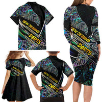 Personalised New Zealand Darts Family Matching Long Sleeve Bodycon Dress and Hawaiian Shirt NZ Paua Shell Maori Fern DT02 - Polynesian Pride