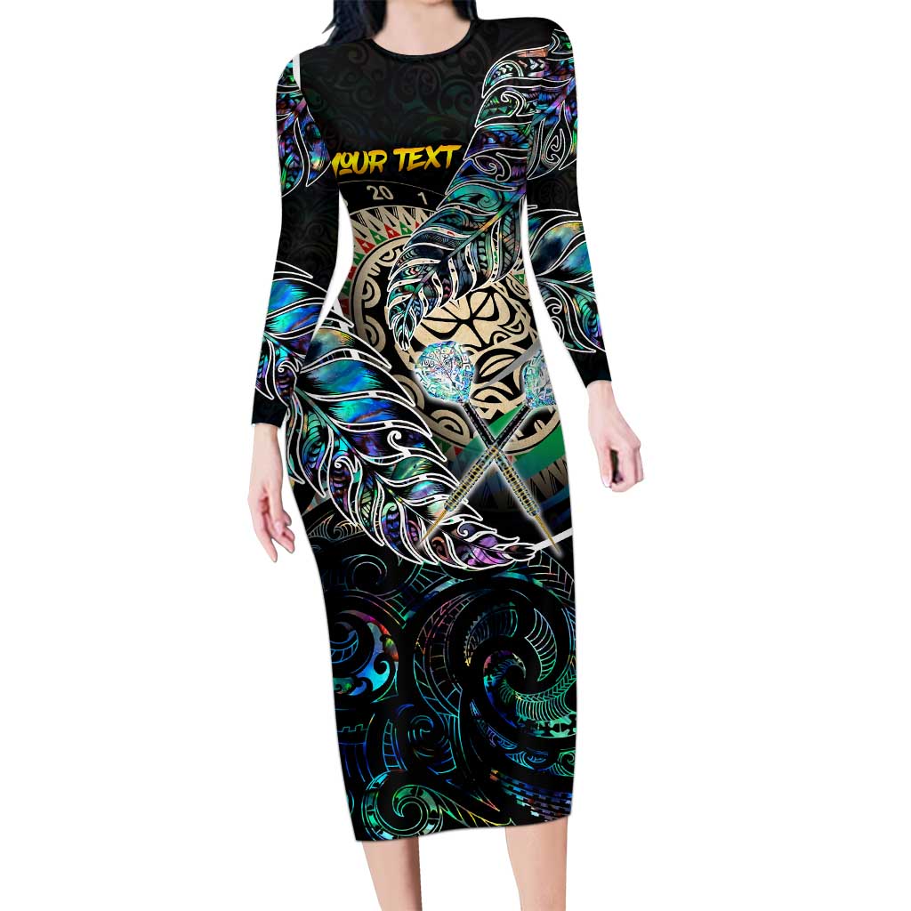Personalised New Zealand Darts Family Matching Long Sleeve Bodycon Dress and Hawaiian Shirt NZ Paua Shell Maori Fern DT02 Mom's Dress Black - Polynesian Pride