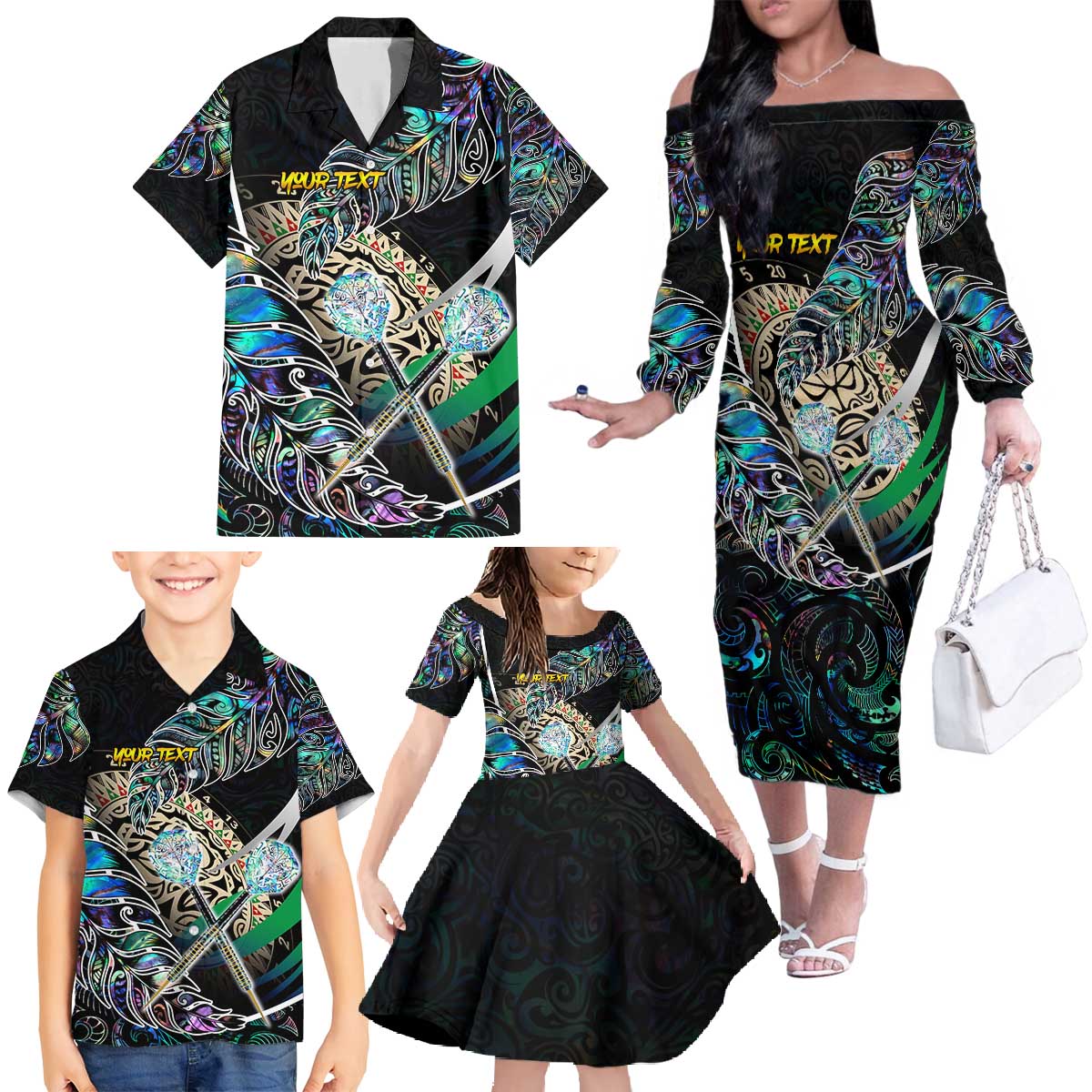 Personalised New Zealand Darts Family Matching Off The Shoulder Long Sleeve Dress and Hawaiian Shirt NZ Paua Shell Maori Fern DT02 - Polynesian Pride