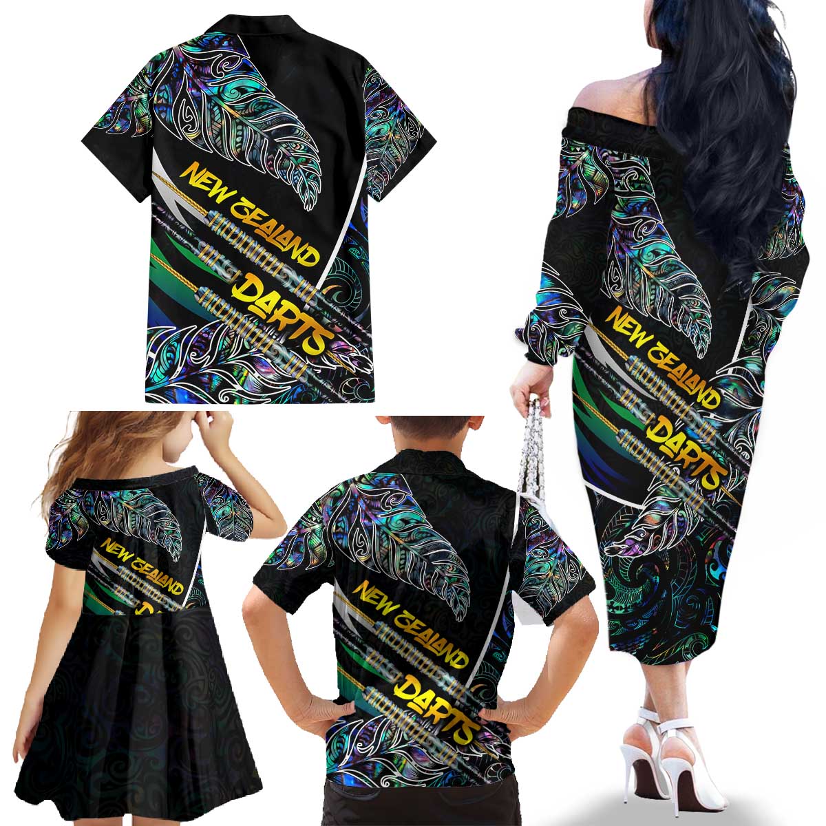 Personalised New Zealand Darts Family Matching Off The Shoulder Long Sleeve Dress and Hawaiian Shirt NZ Paua Shell Maori Fern DT02 - Polynesian Pride