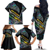 Personalised New Zealand Darts Family Matching Off The Shoulder Long Sleeve Dress and Hawaiian Shirt NZ Paua Shell Maori Fern DT02 - Polynesian Pride