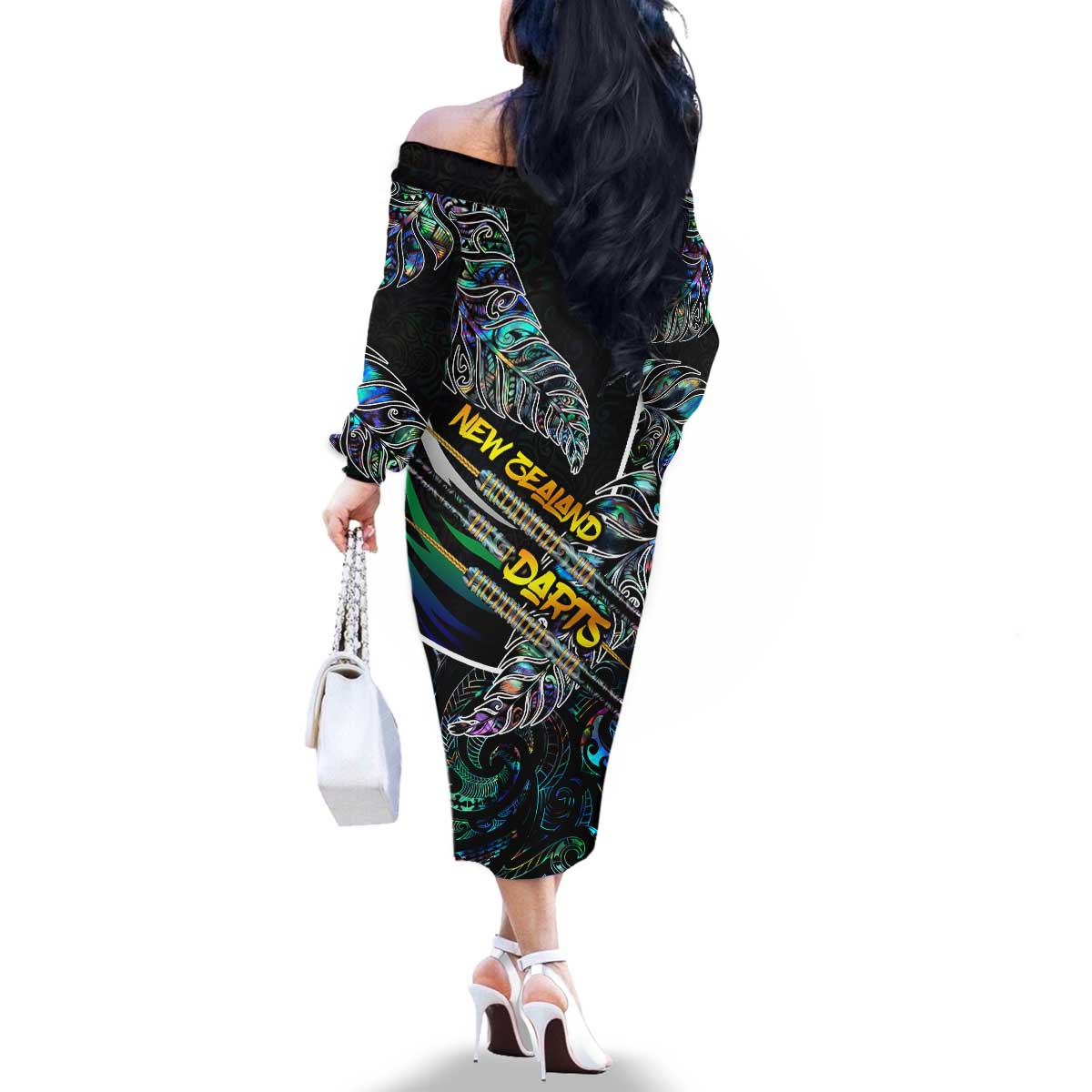 Personalised New Zealand Darts Family Matching Off The Shoulder Long Sleeve Dress and Hawaiian Shirt NZ Paua Shell Maori Fern DT02 - Polynesian Pride