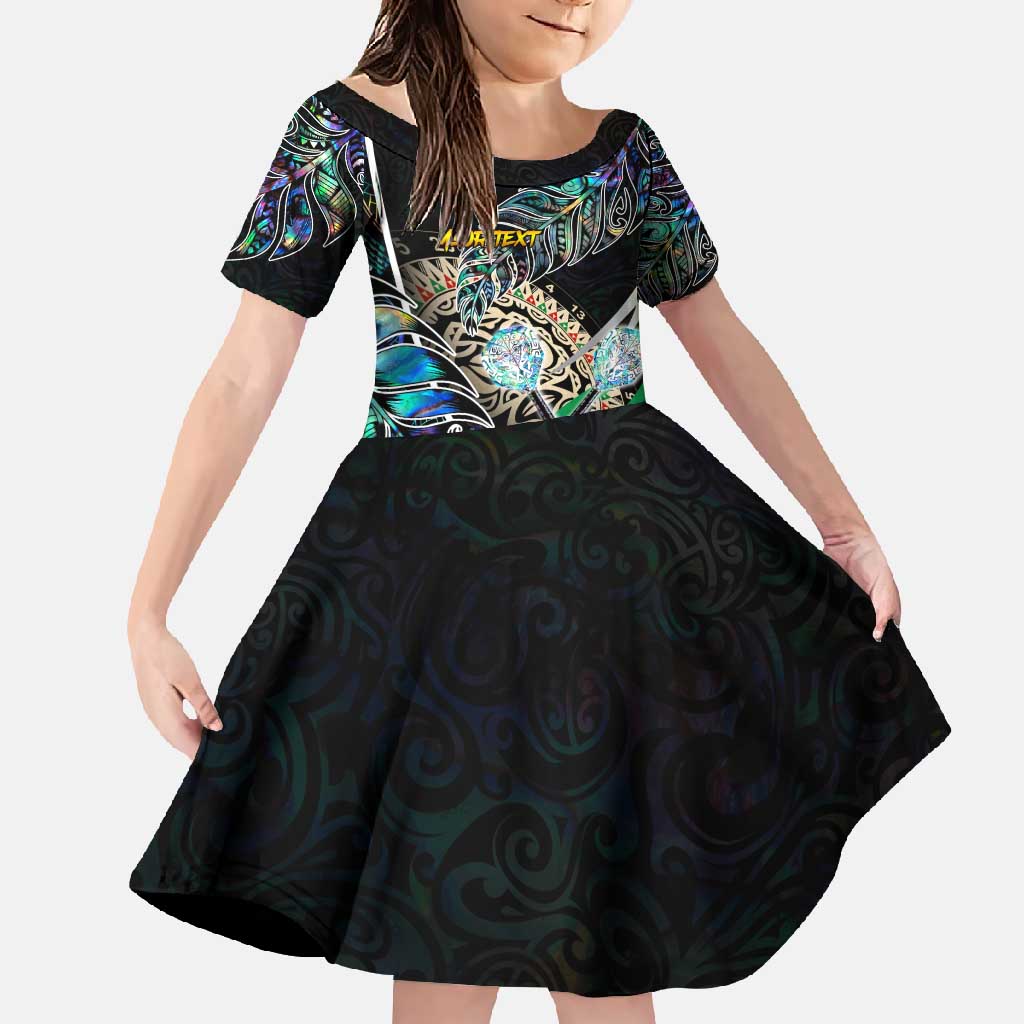 Personalised New Zealand Darts Family Matching Off Shoulder Maxi Dress and Hawaiian Shirt NZ Paua Shell Maori Fern DT02 Daughter's Dress Black - Polynesian Pride