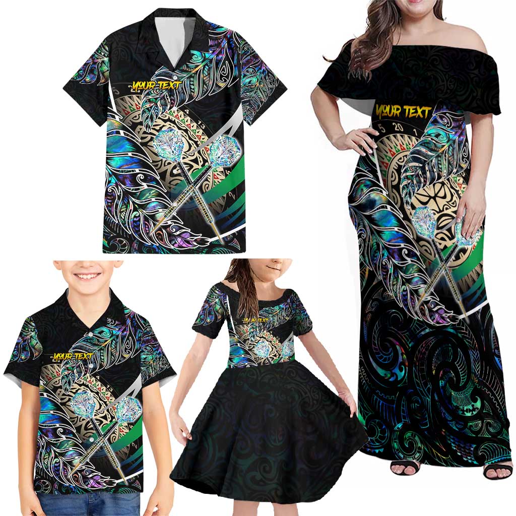 Personalised New Zealand Darts Family Matching Off Shoulder Maxi Dress and Hawaiian Shirt NZ Paua Shell Maori Fern DT02 - Polynesian Pride