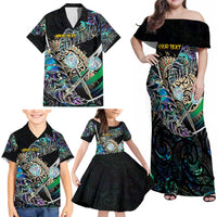 Personalised New Zealand Darts Family Matching Off Shoulder Maxi Dress and Hawaiian Shirt NZ Paua Shell Maori Fern DT02 - Polynesian Pride