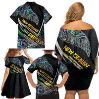 Personalised New Zealand Darts Family Matching Off Shoulder Short Dress and Hawaiian Shirt NZ Paua Shell Maori Fern DT02 - Polynesian Pride