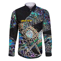 Personalised New Zealand Darts Family Matching Puletasi and Hawaiian Shirt NZ Paua Shell Maori Fern DT02 Dad's Shirt - Long Sleeve Black - Polynesian Pride