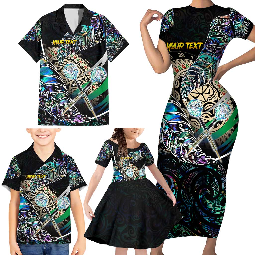 Personalised New Zealand Darts Family Matching Short Sleeve Bodycon Dress and Hawaiian Shirt NZ Paua Shell Maori Fern DT02 - Polynesian Pride