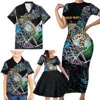 Personalised New Zealand Darts Family Matching Short Sleeve Bodycon Dress and Hawaiian Shirt NZ Paua Shell Maori Fern DT02 - Polynesian Pride