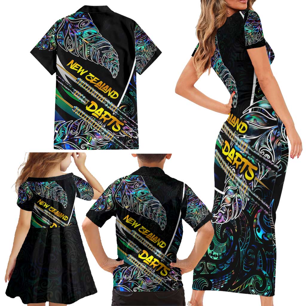 Personalised New Zealand Darts Family Matching Short Sleeve Bodycon Dress and Hawaiian Shirt NZ Paua Shell Maori Fern DT02 - Polynesian Pride