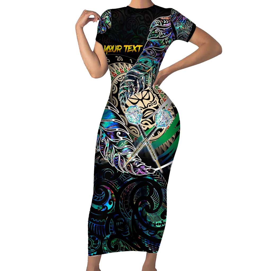Personalised New Zealand Darts Family Matching Short Sleeve Bodycon Dress and Hawaiian Shirt NZ Paua Shell Maori Fern DT02 Mom's Dress Black - Polynesian Pride