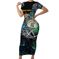 Personalised New Zealand Darts Family Matching Short Sleeve Bodycon Dress and Hawaiian Shirt NZ Paua Shell Maori Fern DT02 Mom's Dress Black - Polynesian Pride