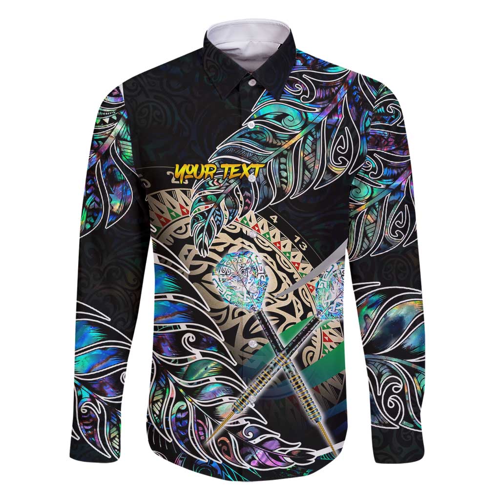 Personalised New Zealand Darts Family Matching Summer Maxi Dress and Hawaiian Shirt NZ Paua Shell Maori Fern DT02 Dad's Shirt - Long Sleeve Black - Polynesian Pride