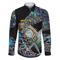 Personalised New Zealand Darts Family Matching Tank Maxi Dress and Hawaiian Shirt NZ Paua Shell Maori Fern DT02 Dad's Shirt - Long Sleeve Black - Polynesian Pride